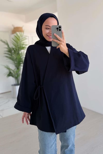 Yandan Bağlamalı Keten Kimono - Lacivert
