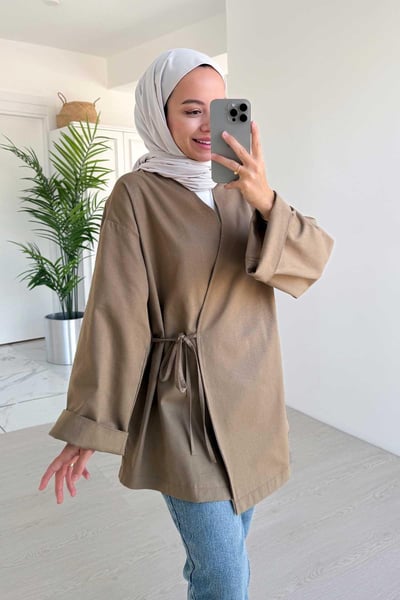 Yandan Bağlamalı Keten Kimono - Vizon