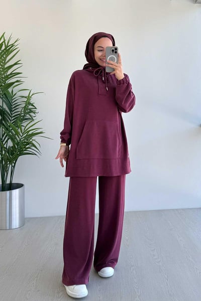 Yanı Çıtçıtlı Kanguru Cep Oysh Kumaş İkili Takım - Bordo