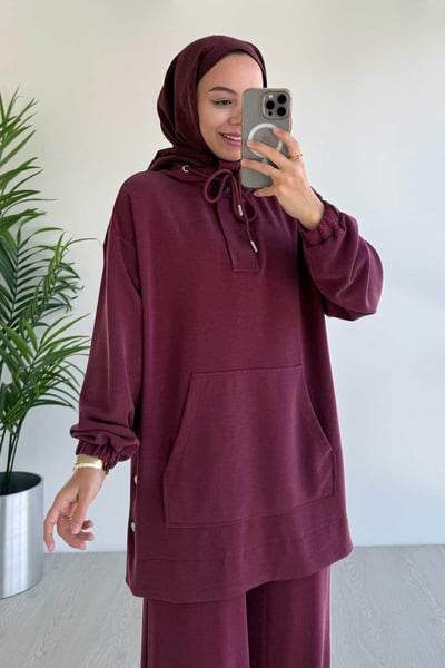 Yanı Çıtçıtlı Kanguru Cep Oysh Kumaş İkili Takım - Bordo