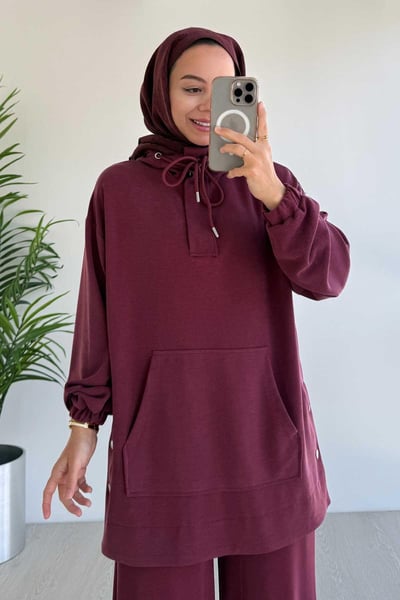 Yanı Çıtçıtlı Kanguru Cep Oysh Kumaş İkili Takım - Bordo