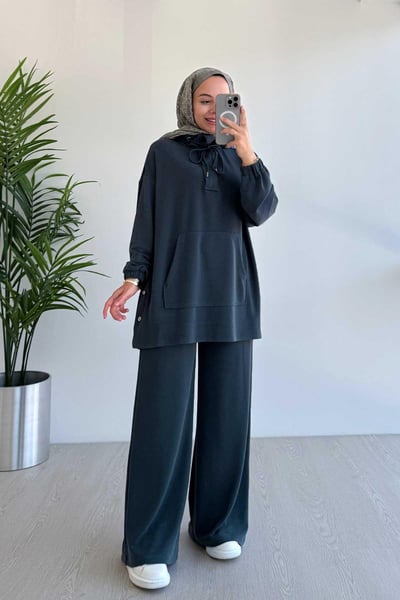 Yanı Çıtçıtlı Kanguru Cep Oysh Kumaş İkili Takım - Antrasit