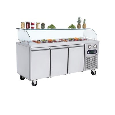 Frenox 186,5x70x130 cm. 8 Adet GN-1/6x100 Küvet Kapasiteli,Camlı Soğuk Servis Üniteli Yatay Tip Buzdolabı KCN3-R290