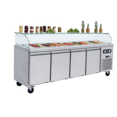 Frenox 233x70x130 cm. 10 Adet GN-1/6x100 Küvet Kapasiteli,Camlı Soğuk Servis Üniteli Yatay Tip Buzdolabı KCN4-R290