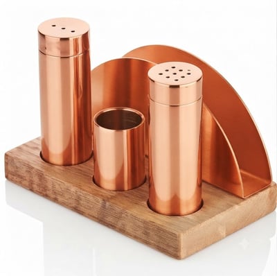 Kitchen Mall 3'LÜ Boru Tuzluk TK +Peçetelik Ahşap Standlı (PVD Bakır) KM498