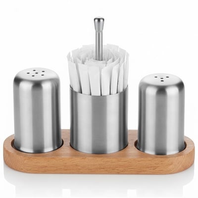 Kitchen Mall 3'LÜ Tuz+Karabiber+Şekerlik/ Kürdanlık Telli Ahşap Standlı KM539