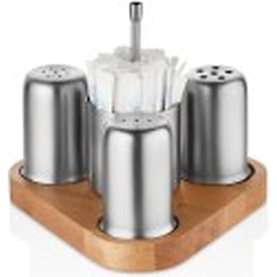 Kitchen Mall 4'LÜ Tuz+Karabiber+Pulbiber+ Şekerlik/Kürdanlık Telli Ahşap Stand KM540