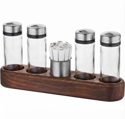 Kitchen Mall 5'Lİ Tuz- Karabiber-pulbiber- Kekiklik-kürdanlık/Stıck Şekerlik Venge Standlı KM551