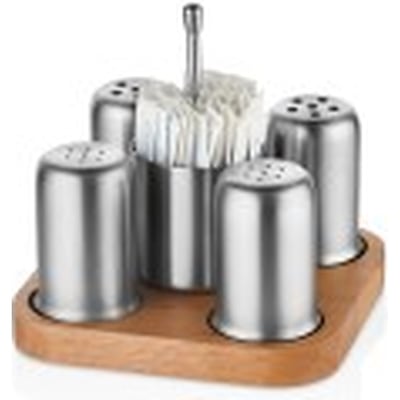 Kitchen Mall 5'Lİ Tuz+Karabiber+Pulbiber+ Kekik+Şekerlik/Kürdanlık Telli Ahşap Stand KM541