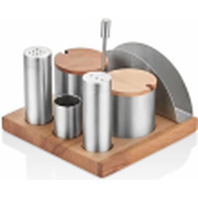 Kitchen Mall Standlı 3'LÜ Boru Tuzluk TK +2*BAHARATLIK+PEÇETEL Ahşap Standlı KM479