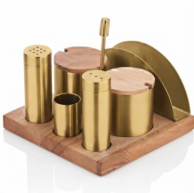 Kitchen Mall Standlı (PVD Gold) 3'LÜ Boru Tuzluk TK -2*BAHARATLIK-PEÇETELİK Ahşap Standlı (PVD Gold) KM490