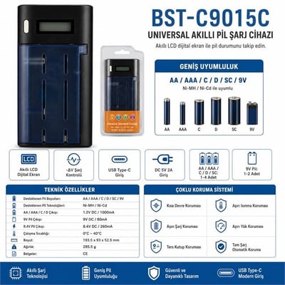Beston BST-C9015C (AA-AAA-C-D-9V-SC) Universal Tüm Boylar Dijital Ekranlı Pil Şarj Cihazı