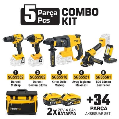 COMBO SET 5 PARÇA (Darbeli Matkap/Kırıcı-Delici Matkap/Avuç Taslama Makinesi/Darbeli Somun Sıkma/Led Fener)
