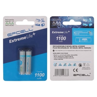 Efcell Extreme Life+ 1.2 Volt 1100mAh AAA İnce Şarjlı Pil 2li Paket