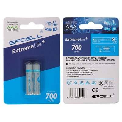Efcell Extreme Life+ AAA 700mAh 1.2V Şarj Edilebilir Ni-MH Pil (2li Paket)