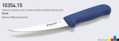 Fibrox Kaymaz Saplı Kıvrık Kasap Kemik Sıyırma Bıçağı 15 cm Hulusi - Drita Bıçak 25mm X 150mm X 2.5mm 10354.15 (MAVİ RENK)