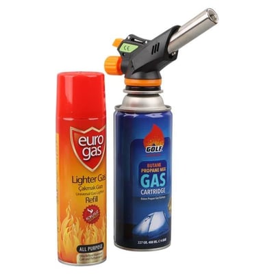 Mahzen Profesyonel 3lü Pürmüz Başlığı Seti (Butan Propan Gaz Kartuşu 400ML Çakmak + Çakmak Gazı 270ML)