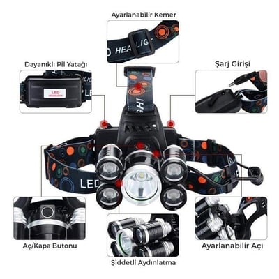 PowerMaster MX-501 5 Power Ledli Su Geçirmez 18650 Şarj Edilebilir Kafa Feneri