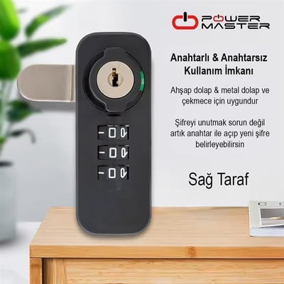PowerMaster PM-26726 3 Haneli Şifreli Ve Anahtarlı Mekanik Siyah Çekmece Dolap Kilidi (Sağ)