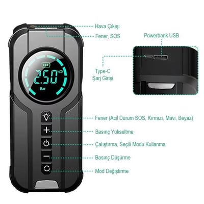 PowerMaster Powerbank Araç Akü Şarj Lastik Hava Kompresörü Şişirici Taşınabilir Dijital Kablosuz El Feneri