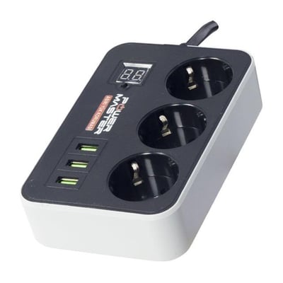 Powermaster 3 Usb Çıkışlı Dijital Ekranlı 10A-2500 W Siyah 1.8 Metre Kablolu 3lü Akım Korumalı Priz PM-18530