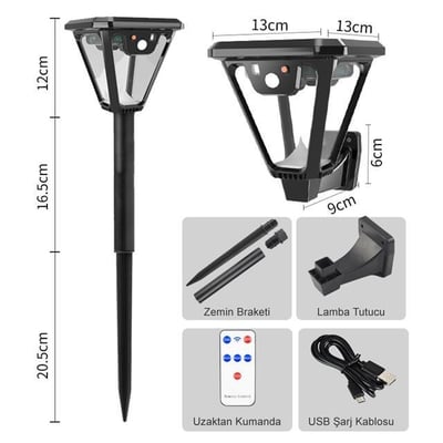 Powermaster HS-V83 Solar Panelli 3 Modlu Kumandalı Hareket Sensörlü 100 SMD Ledli Şarjlı Duvar ve Bahçe Lambası