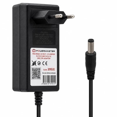 Powermaster PM-39531 Siyah 12 Volt - 2.5 Amper Plastik Kasa 5.5*2.5 Mm Yaylı Uç Priz Tipi Adaptör