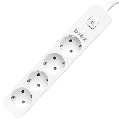 S-Link SPG401S Beyaz 1.5Mm Bakır 1.5 Metre Kablolu 750 Joule 4'lü Anahtarlı Akım Korumalı Priz