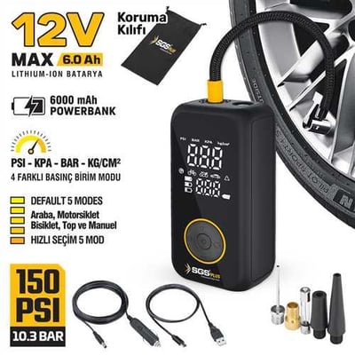 ŞARJLI HAVA KOMPRESÖRÜ DİJİTAL 12V 6.0 Ah (150 PSI)