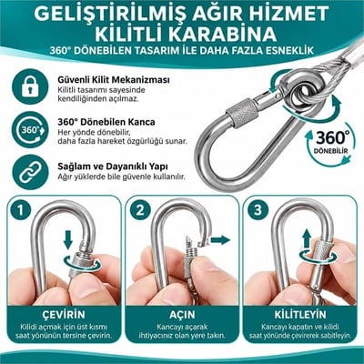 SUNUP SN-38108 10 Metre Çelik Köpek Bağlama Halatı Kilitli Karabina PVC Kaplamalı