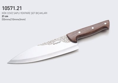 Şef Bıçağı 21 cm Perçinli Kök Ceviz Saplı Yekpare Hulusi Bıçak 55mm X 210mm X 3mm 10571.21