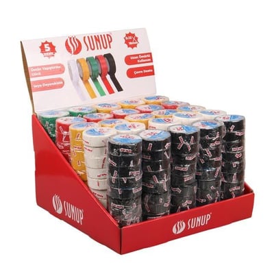 Sunup SN-27919 0.13x18mm 5 Renk İzole Elektrikçi Bant 10 Metre 50x5li Paket (Kırmızı- Sarı - Siyah - Yeşil - Beyaz)