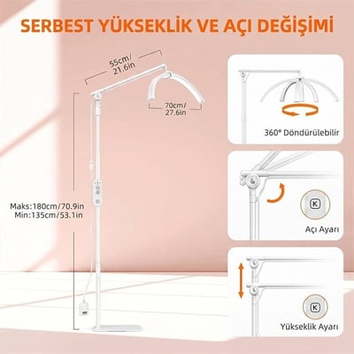 TrLed 70CM Beyaz ve Işıltılı Pembe Elmas Desenli Ayaklı Profesyonel Güzellik Lambası