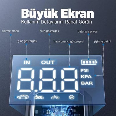 Utrai JS-9 12-24V Akü Şarj Powerbank Lastik Hava Kompresörü Şişirici Taşınabilir Dijital Kablosuz EL Feneri