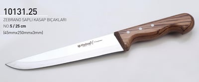 Zebrano Saplı El Yapımı Kasap Bıçağı 25 cm No.5 Hulusi Bıçak 45mm X 250mm X 3mm 10131.25