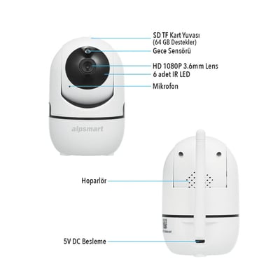 Alpsmart AS680-IP Akıllı WiFi IP Kamera 2MP 360° Panoramik Kamera