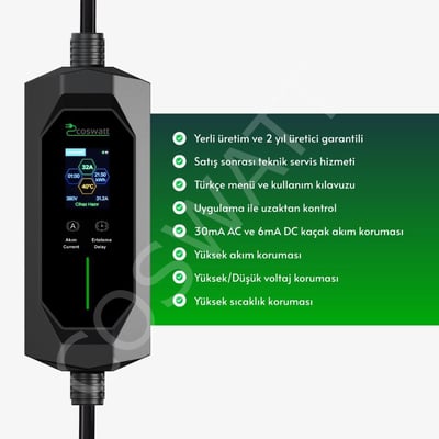 Coswatt Taşınabilir EV Şarj Cihazı CS-P3-32A / 22kW / 5M / Türkçe Menü / 380V AC / 5x32A CEE Fiş / Ev Tipi Priz Adaptörü / Taşıma Çantası