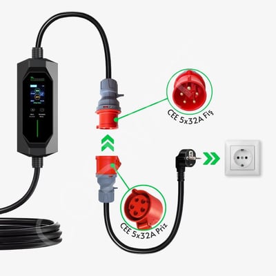 Coswatt Taşınabilir EV Şarj Cihazı CS-P3-32A / 22kW / 5M / Türkçe Menü / 380V AC / 5x32A CEE Fiş / Ev Tipi Priz Adaptörü / Taşıma Çantası