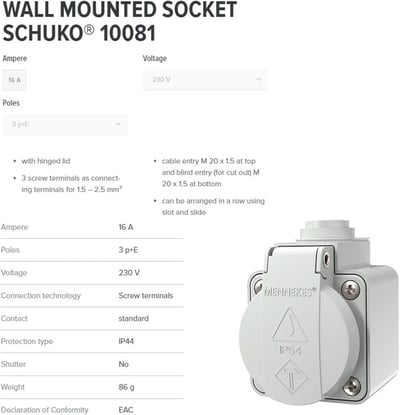 Mennekes 10081 Duvar Tipi Priz SCHUKO 16A 230V IP44