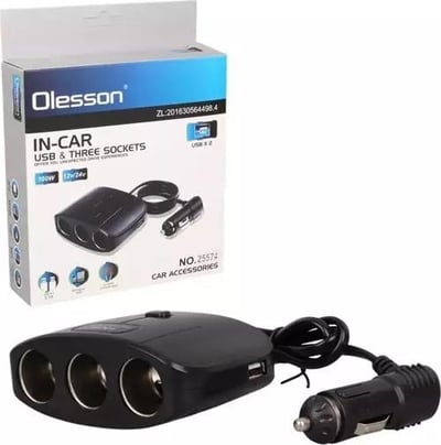 Olesson 1635 12-24V Çift USB Girişli 100W 70 CM Kablolu 3'LÜ Araç Çakmak Çoklayıcı 100x66x40mm