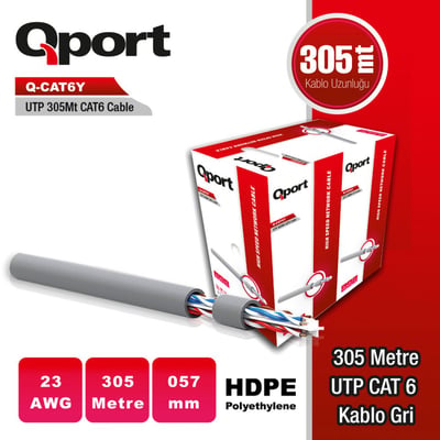 Qport Q-CAT6Y 305M UTP 23Awg PE Network Ağ Kablosu Gri