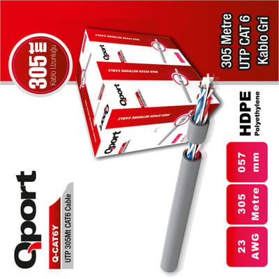 Qport Q-CAT6Y 305M UTP 23Awg PE Network Ağ Kablosu Gri