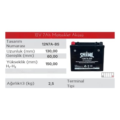 SPEEDOL SP-12N7A-BS MOTOSIKLET AKUSU (AGM TEKNOLOJISI) 12V7AH/95CCA