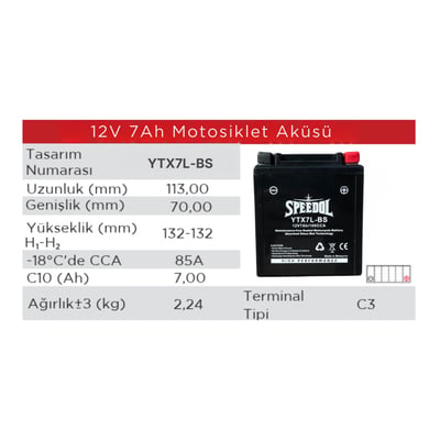 SPEEDOL SP-YTX7L-BS MOTOSIKLET AKUSU (AGM TEKNOLOJISI) 12V7AH/100CCA