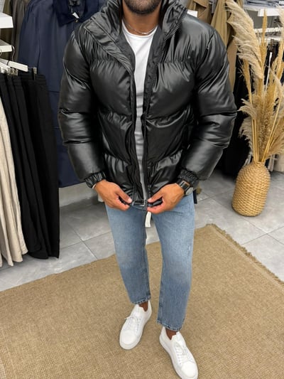 Deri Siyah Şisme Mont