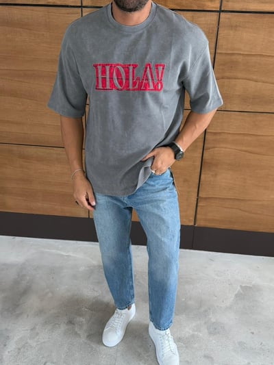 Hola Nakış Detay Tshirt Gri