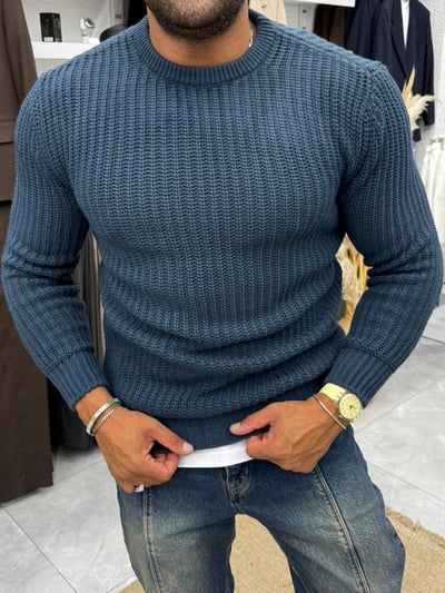 Örme Kazak İndigo Mavi