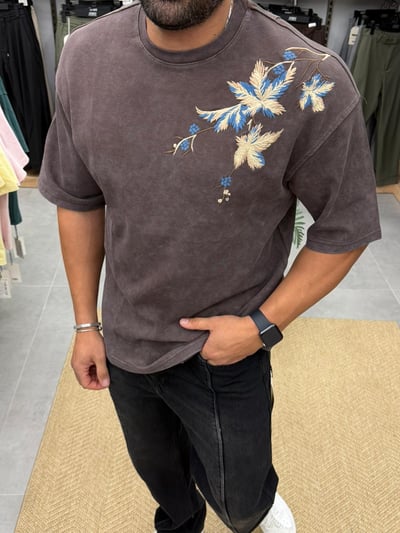 Vamos Nakış Detay Premium Tshirt Kahve