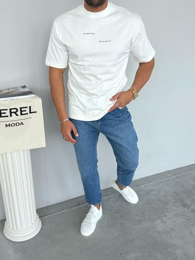 Yep Premium Kalite Nakış Baskı Detay T-Shirt Beyaz
