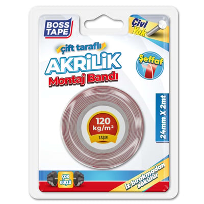 BOSS TAPE MONTAJ BANDI ÇİFT TARAFLI AKRİLİK ŞEFFAF 24 MM x 2M BLS. BT-01003